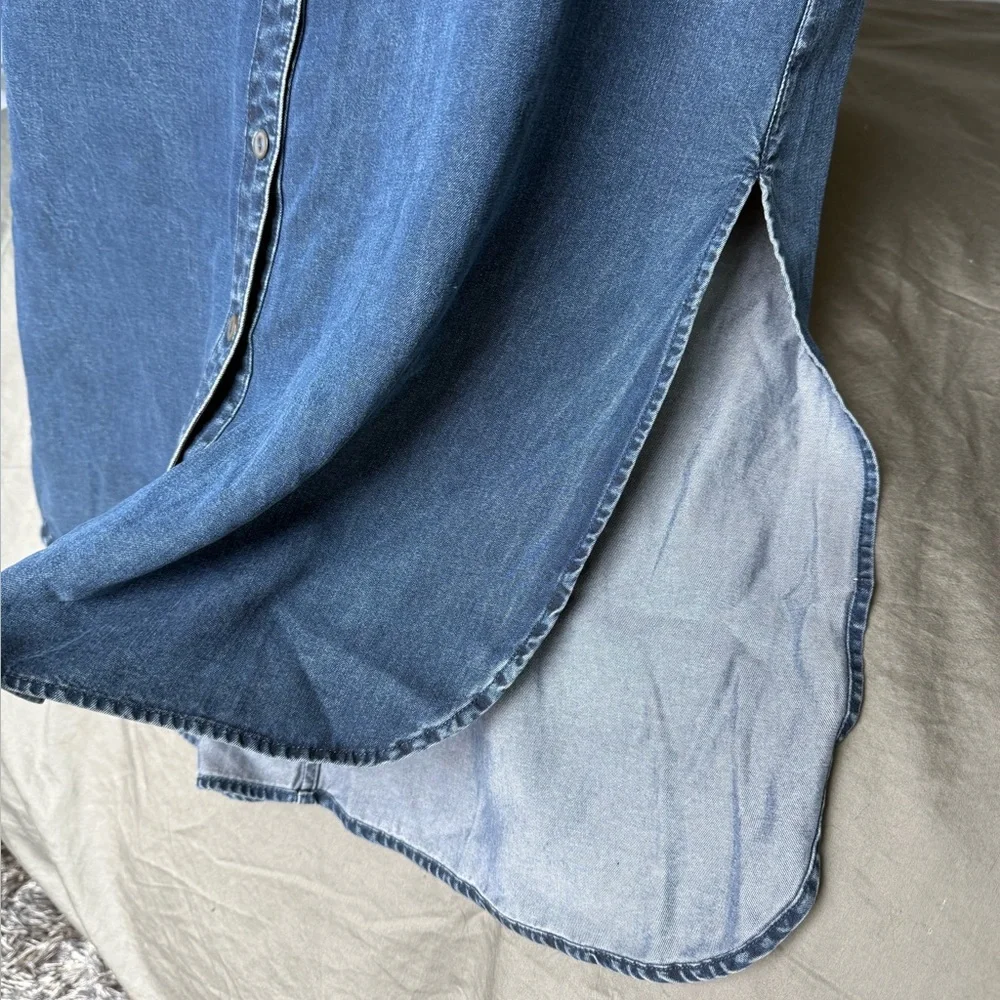 Soft Surroundings Denim Short Sleeve Button Shirt Dress Womens S Blue Midi Slit - Picture 8 of 14